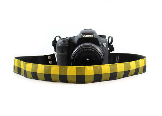 Buffalo Plaid camera strap in Yellow Plaid, front view