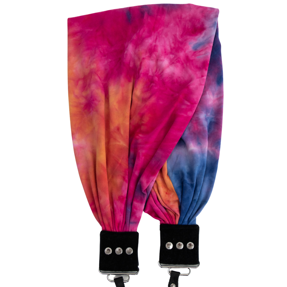 Magenta Tie Dye pocket scarf camera strap, folded