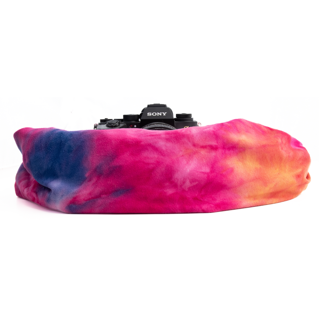 Magenta Tie Dye pocket scarf camera strap, front view