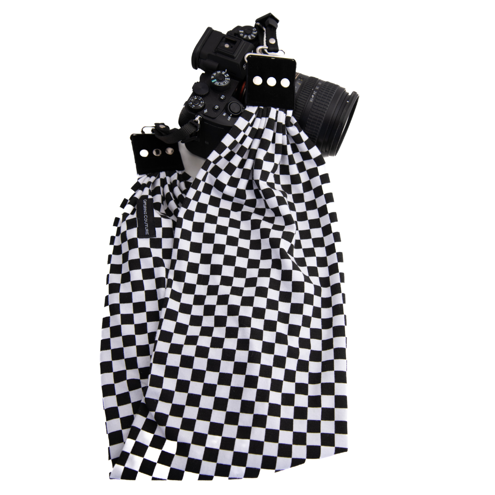 Checkered pocket scarf camera strap