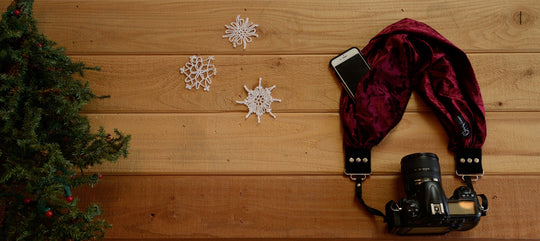 Velvet pocket scarf camera strap in Wine, lifestyle photo