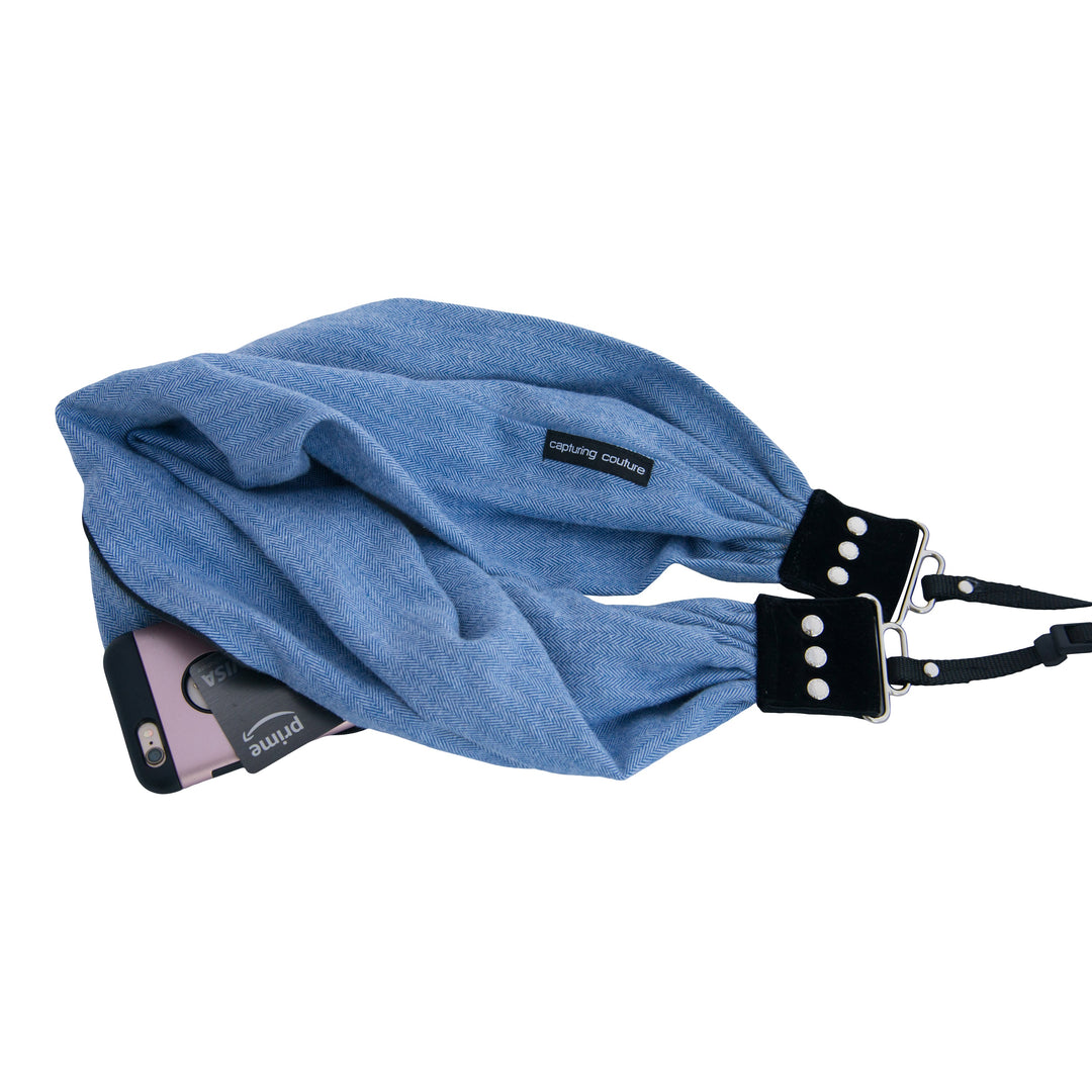 Shetland Flannel pocket scarf camera strap in Denim