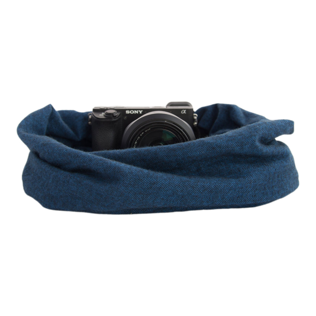Shetland Flannel pocket scarf camera strap in Navy