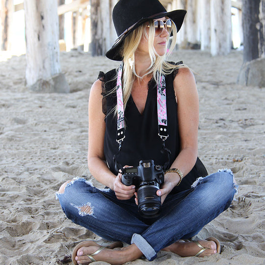 Hibiscus camera strap in Moon