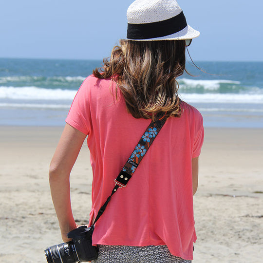 Hibiscus camera strap in Ocean