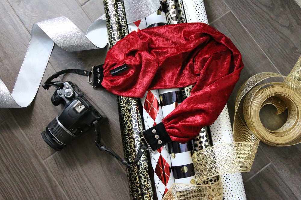 Velvet pocket scarf camera strap, laid flat