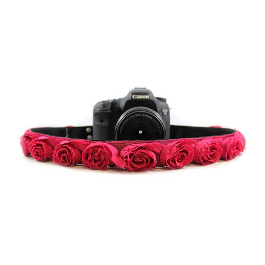 Roses 1.5" camera strap in Hot Pink Organza