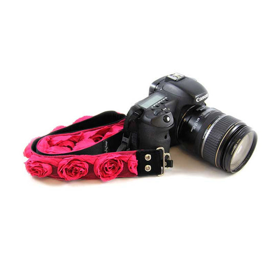 Roses 1.5" camera strap in Hot Pink Organza
