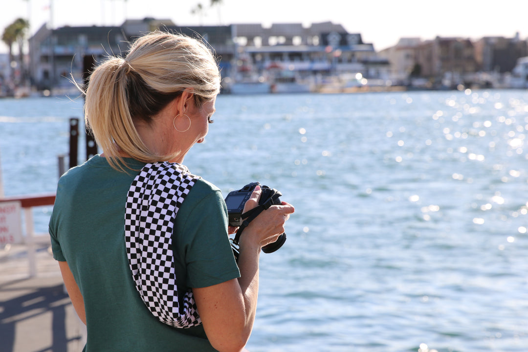 Checkered pocket scarf camera strap
