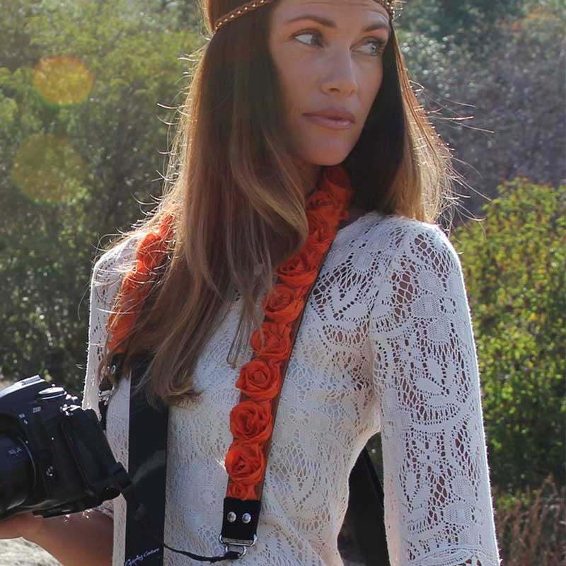 Roses 1.5" camera strap in Orange Organza