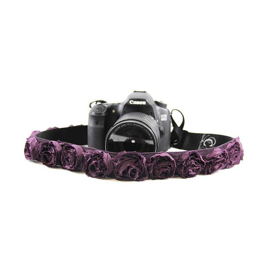 Roses 1.5" camera strap in Plum Organza