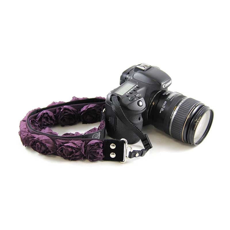 Roses 1.5" camera strap in Plum Organza