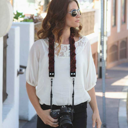 Roses 1.5" camera strap in Plum Organza