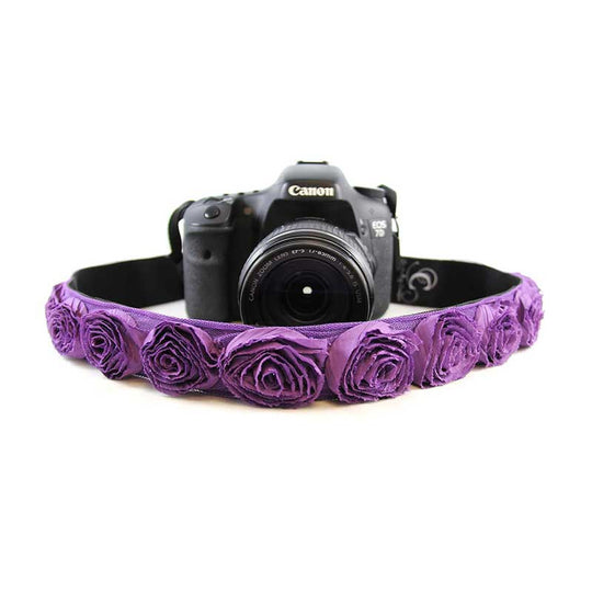 Roses 1.5" camera strap in Purple Organza