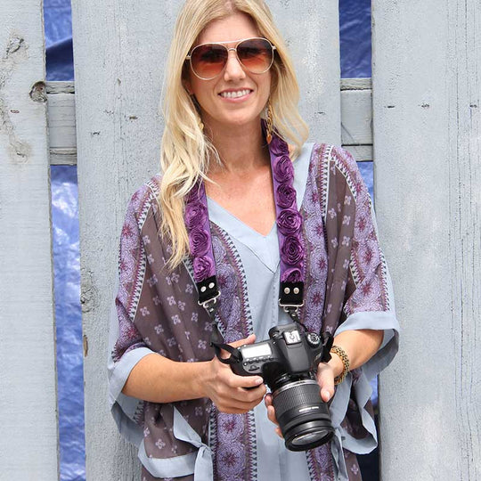 Roses 1.5" camera strap in Purple Organza