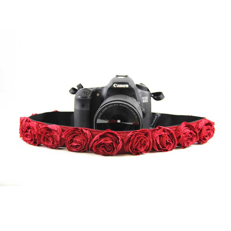 Roses 1.5" camera strap in Red Organza