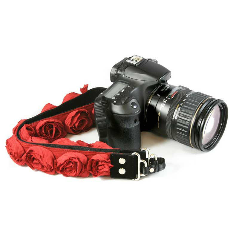 Roses 1.5" camera strap in Red Organza