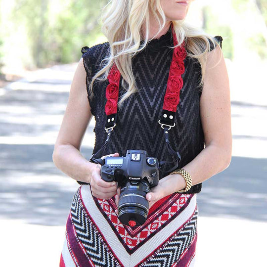 Roses 1.5" camera strap in Red Organza