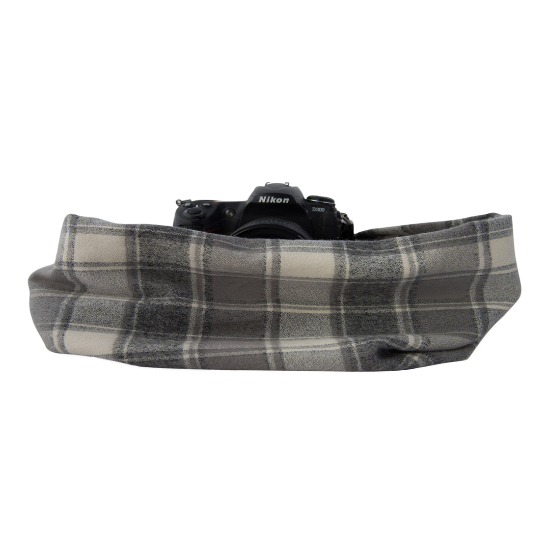 Tahoe Flannel pocket scarf camera strap in Oyster