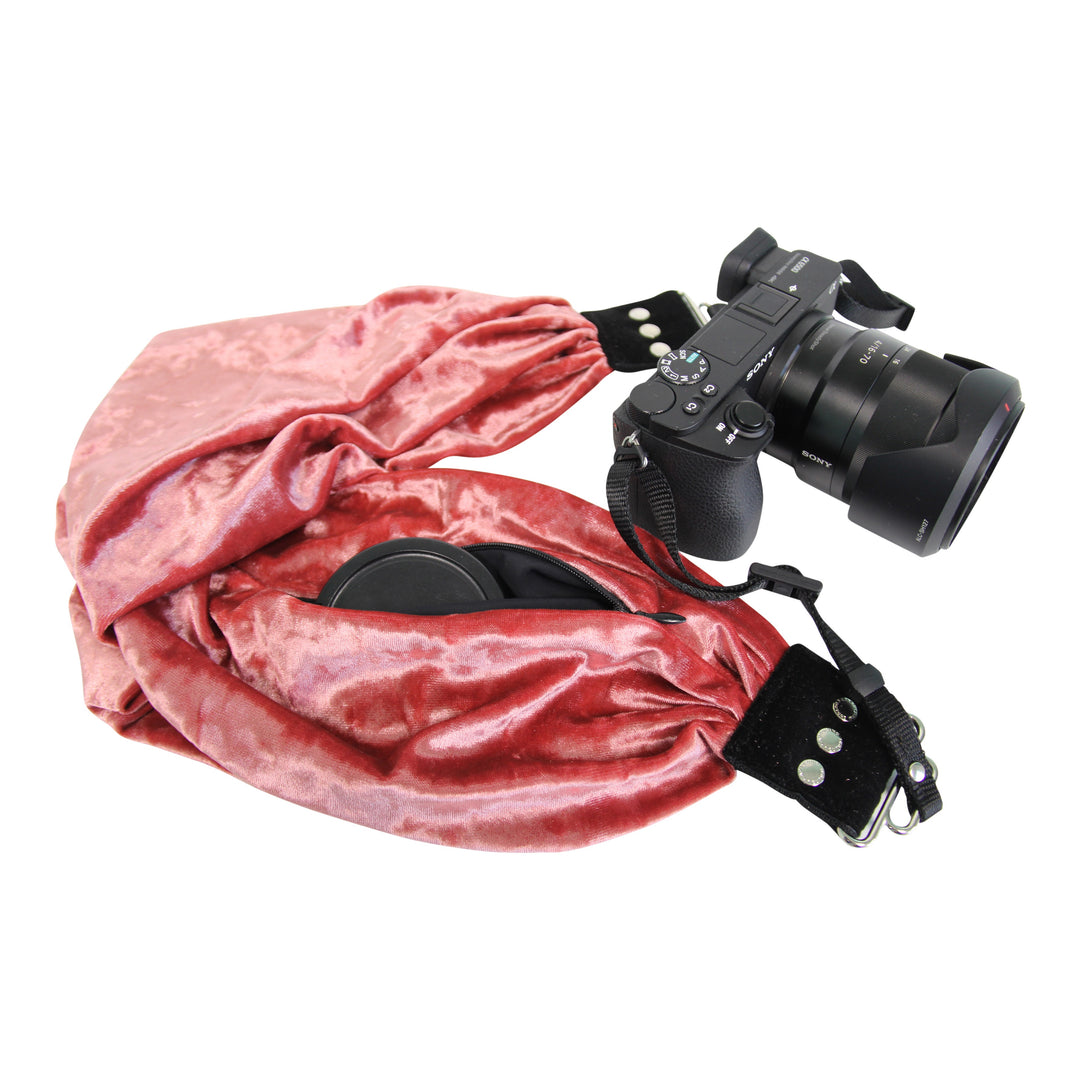Velvet pocket scarf camera strap in Rose, pocket detail