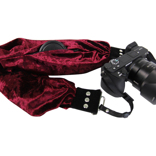 Velvet pocket scarf camera strap in Wine, pocket detail