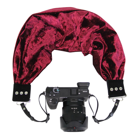 Velvet pocket scarf camera strap in Wine, top view