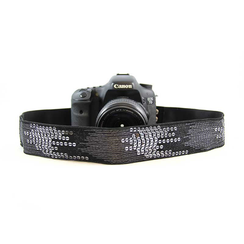 Sequin camera strap in Black