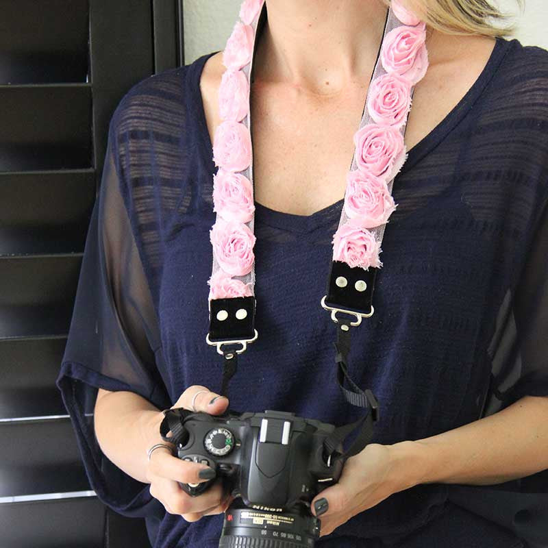 Roses 1.5" camera strap in Sweet Pink Organza