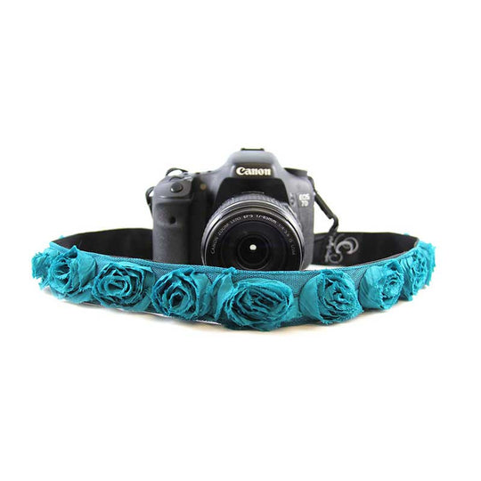 Roses 1.5" camera strap in Turq Organza