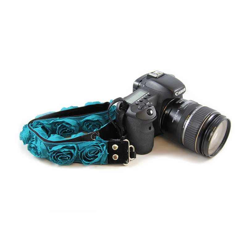 Roses 1.5" camera strap in Turq Organza