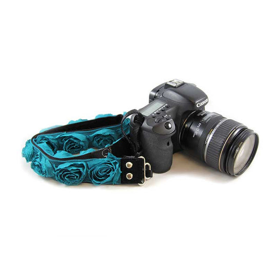 Roses 1.5" camera strap in Turq Organza