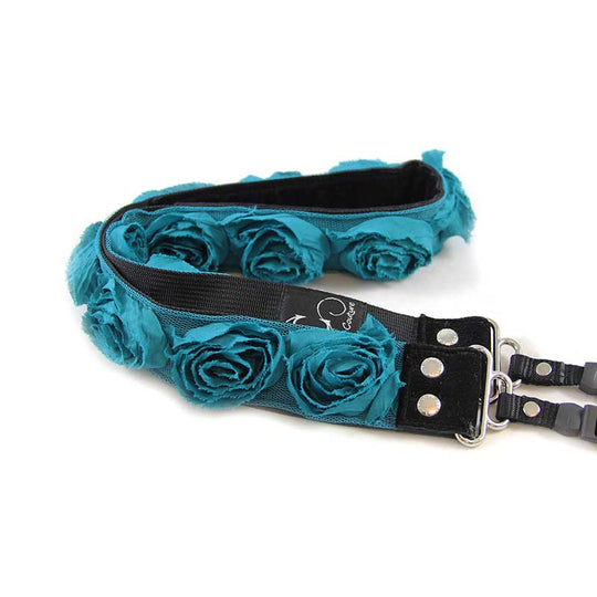 Roses 1.5" camera strap in Turq Organza