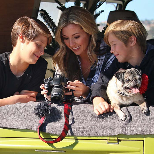 Buffalo Plaid camera strap, lifestyle photo