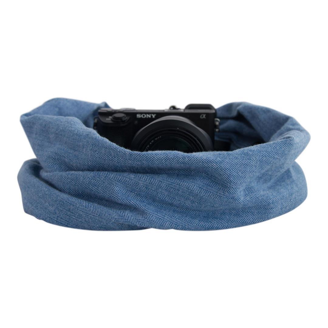 Shetland Flannel pocket scarf camera strap in Denim