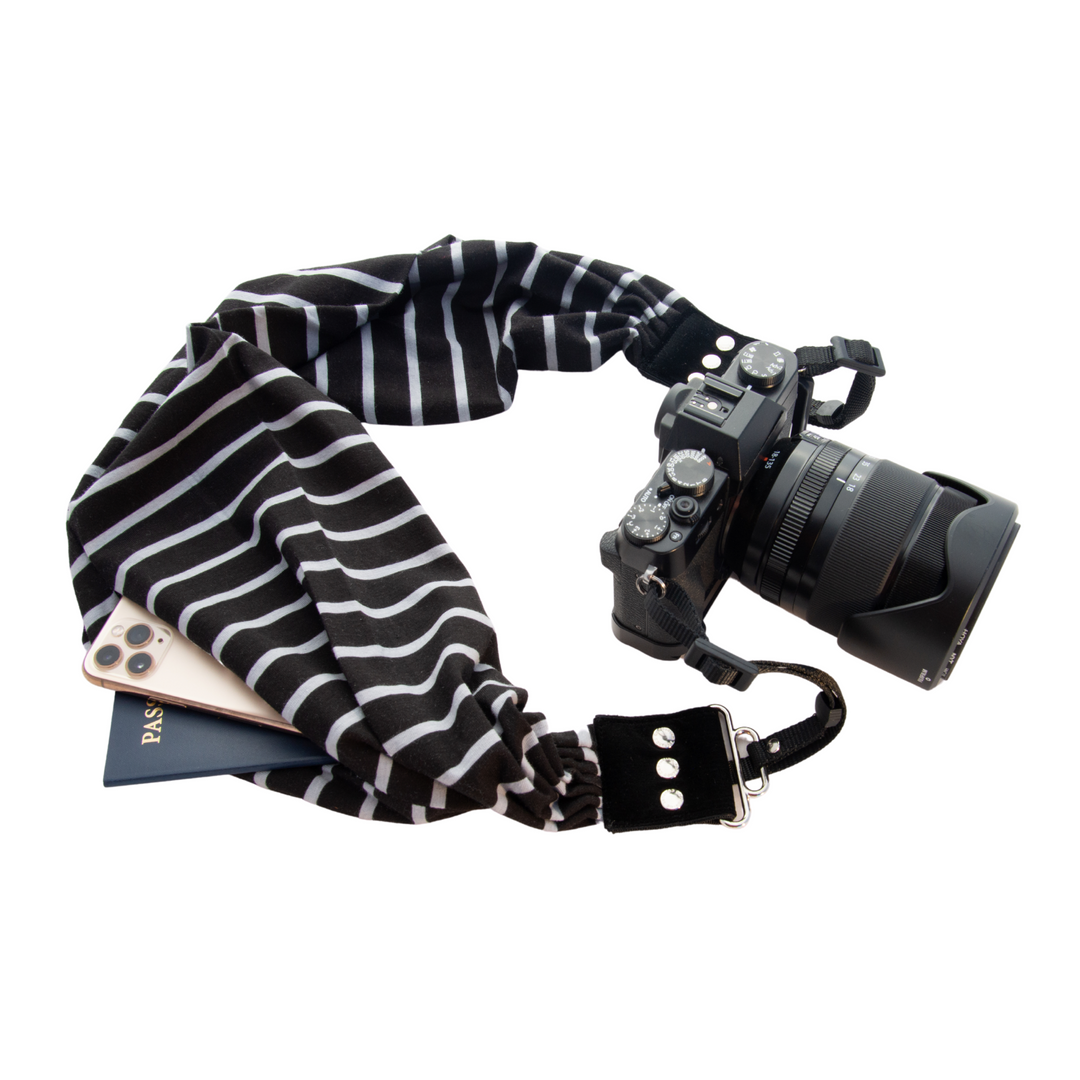 Stripe Narrow pocket scarf camera strap, front view