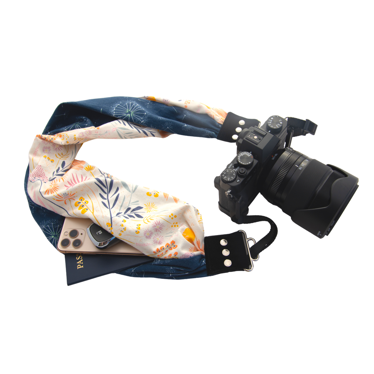 Callie Chase pocket scarf camera strap, front view