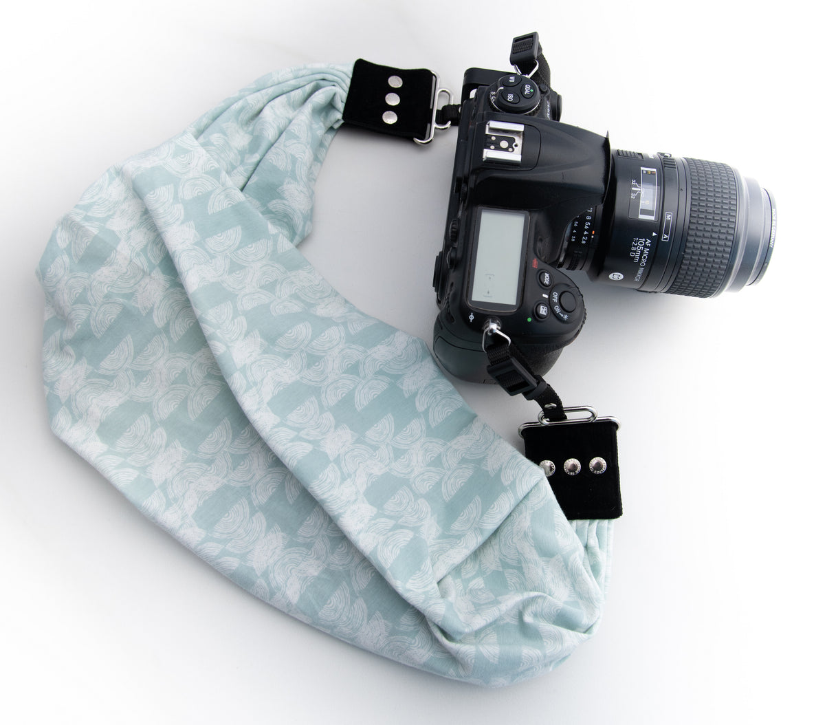 Honeydew pocket scarf camera strap, front view