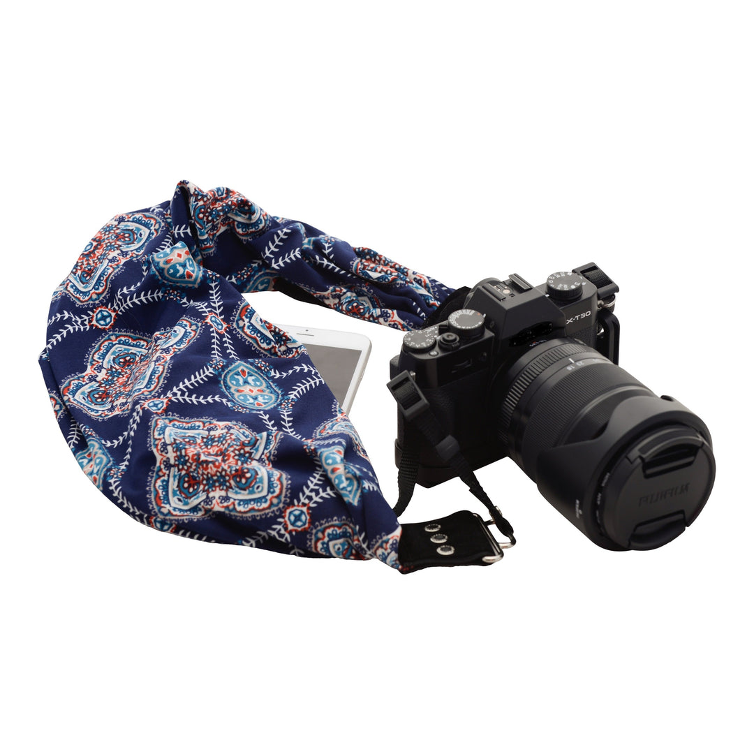 Leah pocket scarf camera strap, front view