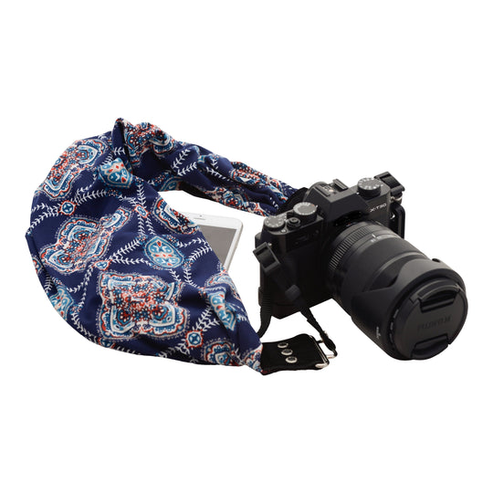 Leah pocket scarf camera strap, front view
