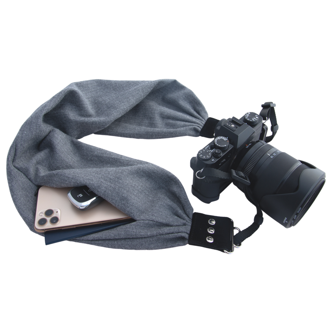 Shetland Flannel pocket scarf camera strap, front view